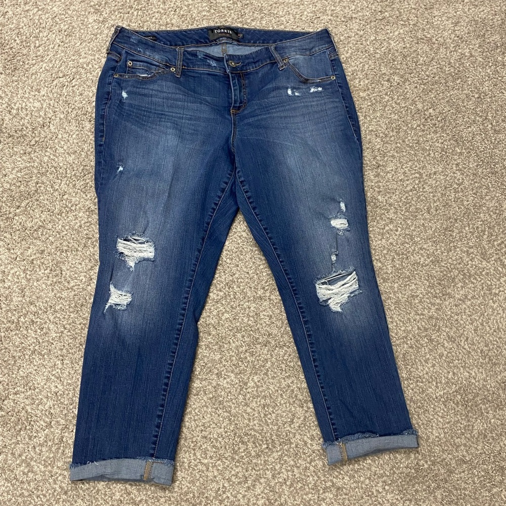 Torrid Premium Crop Blue Distressed Boyfriend Jeans Size 16